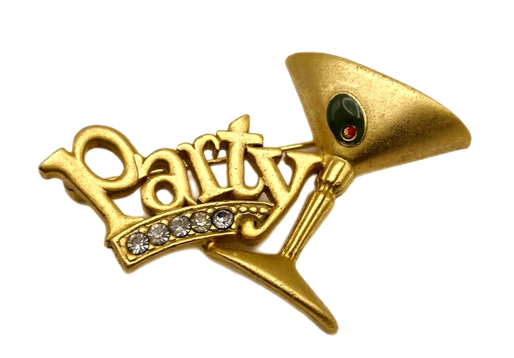 Signed Danecraft Vtg Pin Party Martini Glass Green Olive Rhinestones Gold Tones